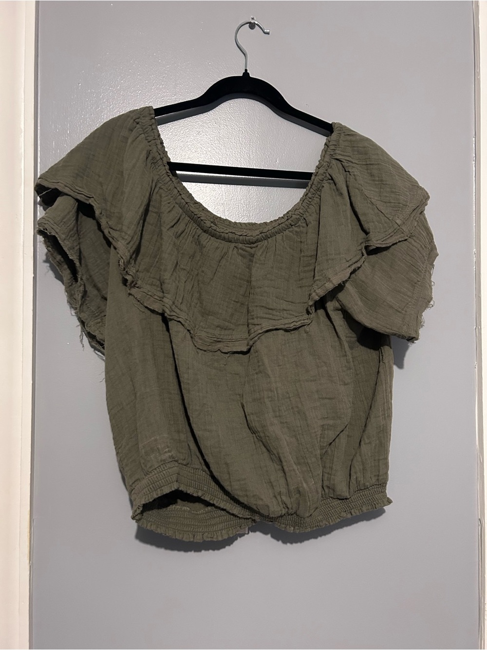 French Laundry Olive Green Ruffle Off-Shoulder Blouse